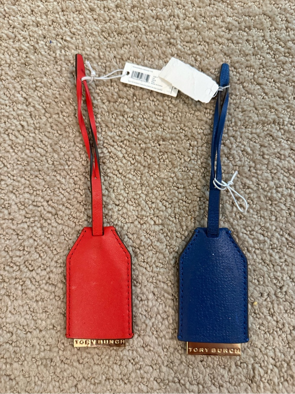 New! Tory Burch Leather Luggage Tags - Red & Blue set of 2